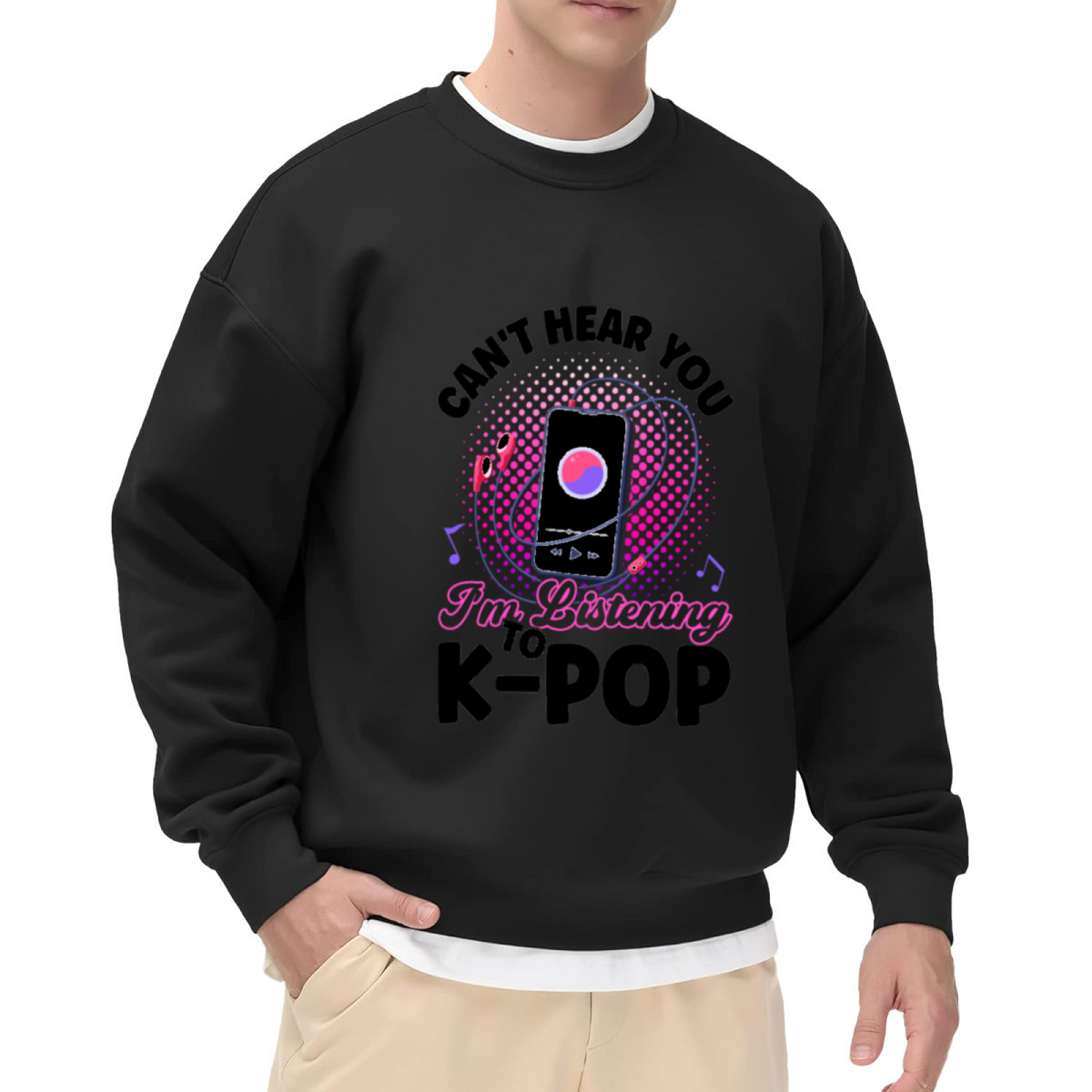 Can't Hear You I'm Listening To K-Pop Music Phone Crewneck Sweatshirt | K-Pop Fan Pop Art Pullover, Music Lover Gift