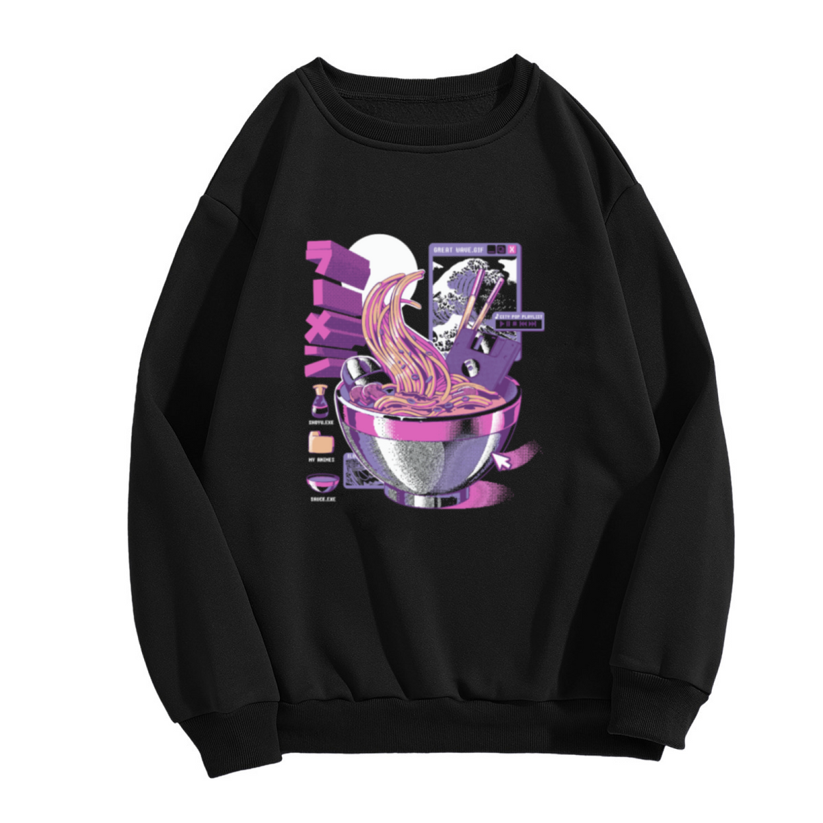 Sweet Noodle Wolf Ramen Bowl Crewneck Sweatshirt, Vaporwave Retro Computer Pullover, Cyberpunk Food Gift