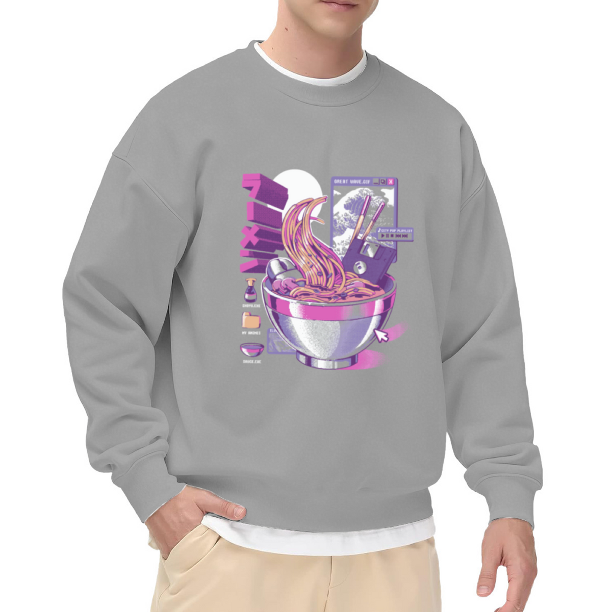Sweet Noodle Wolf Ramen Bowl Crewneck Sweatshirt, Vaporwave Retro Computer Pullover, Cyberpunk Food Gift