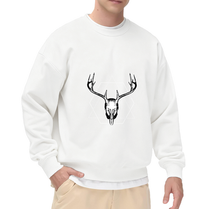 Rock Horn Deer Skull Crewneck Sweatshirt | Edgy Hand-Drawn Gothic Graphic Pullover, Skeleton Rock Hand Streetwear Top, Halloween Gift