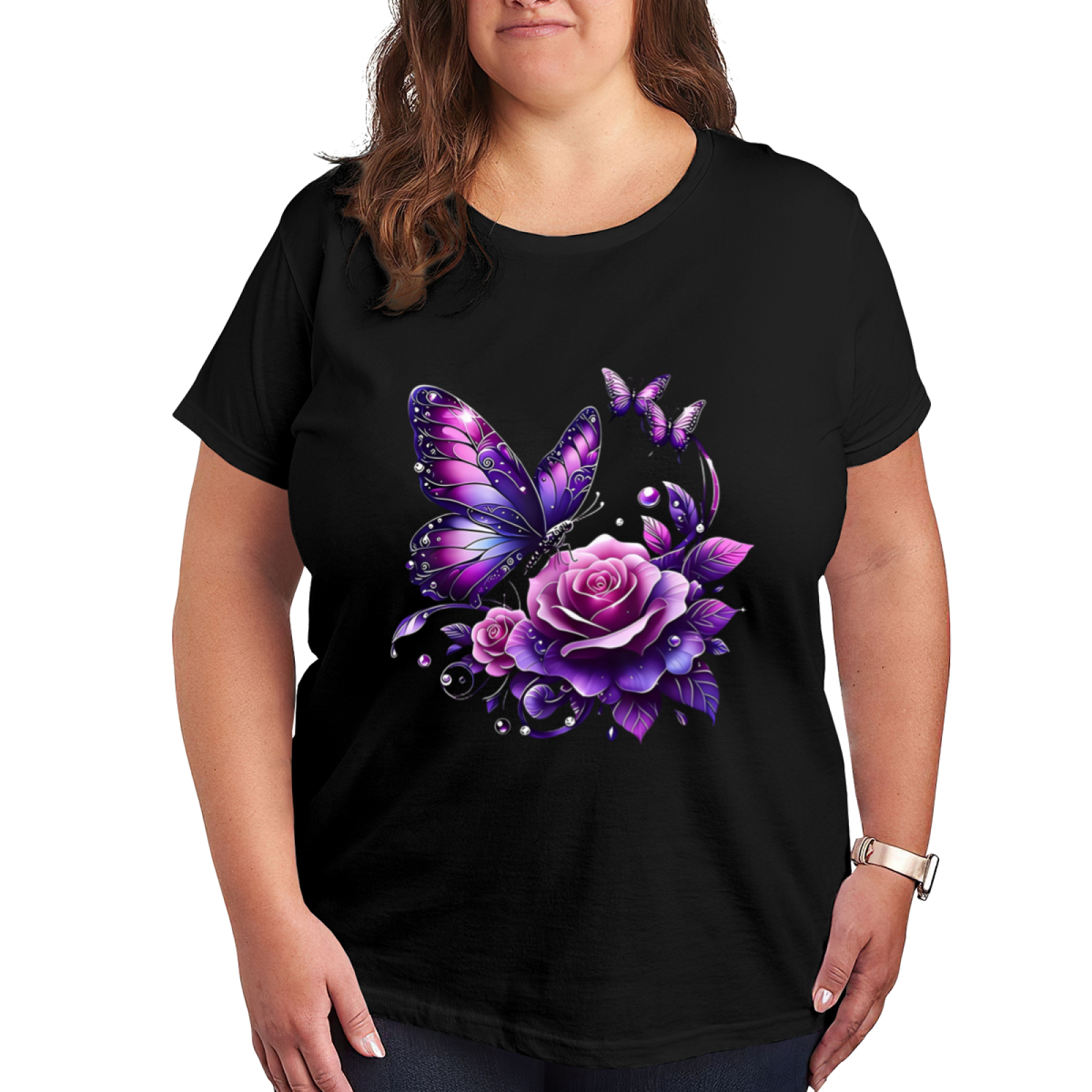 Purple Glitter Rose Butterfly Gothic Floral Tee