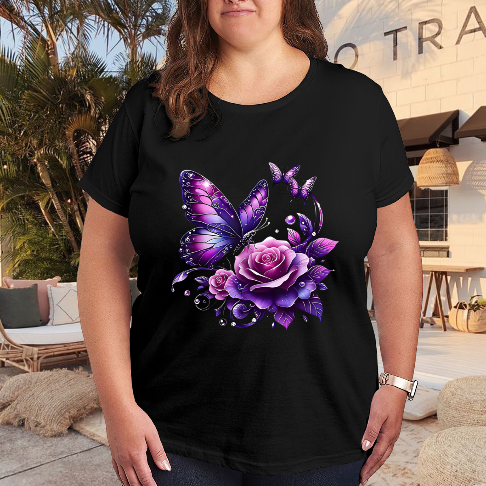 Purple Glitter Rose Butterfly Gothic Floral Tee