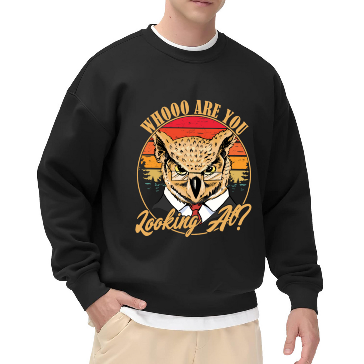 Whooo Are You Looking At Owl Crewneck Sweatshirt, Retro Sunset Glasses Pullover, Funny Owl Gift