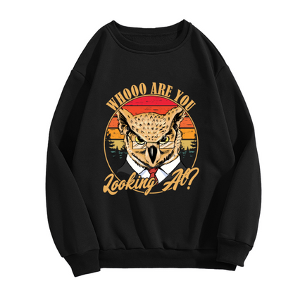 Whooo Are You Looking At Owl Crewneck Sweatshirt, Retro Sunset Glasses Pullover, Funny Owl Gift