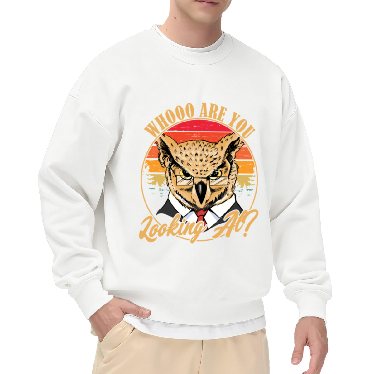 Whooo Are You Looking At Owl Crewneck Sweatshirt, Retro Sunset Glasses Pullover, Funny Owl Gift