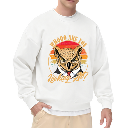 Whooo Are You Looking At Owl Crewneck Sweatshirt, Retro Sunset Glasses Pullover, Funny Owl Gift