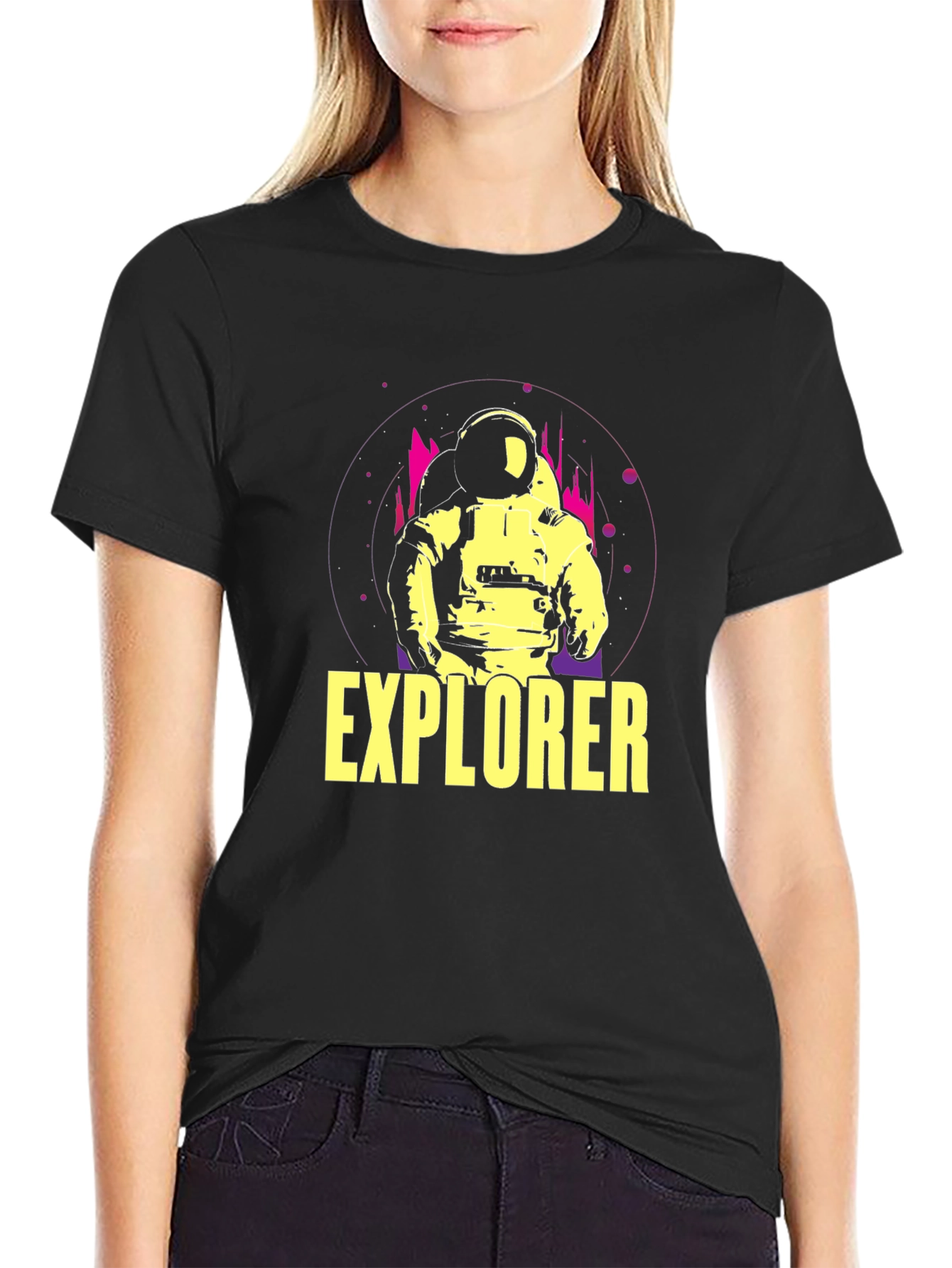 Explorer Graphic Tee - Astronaut Design Black Cotton Shirt