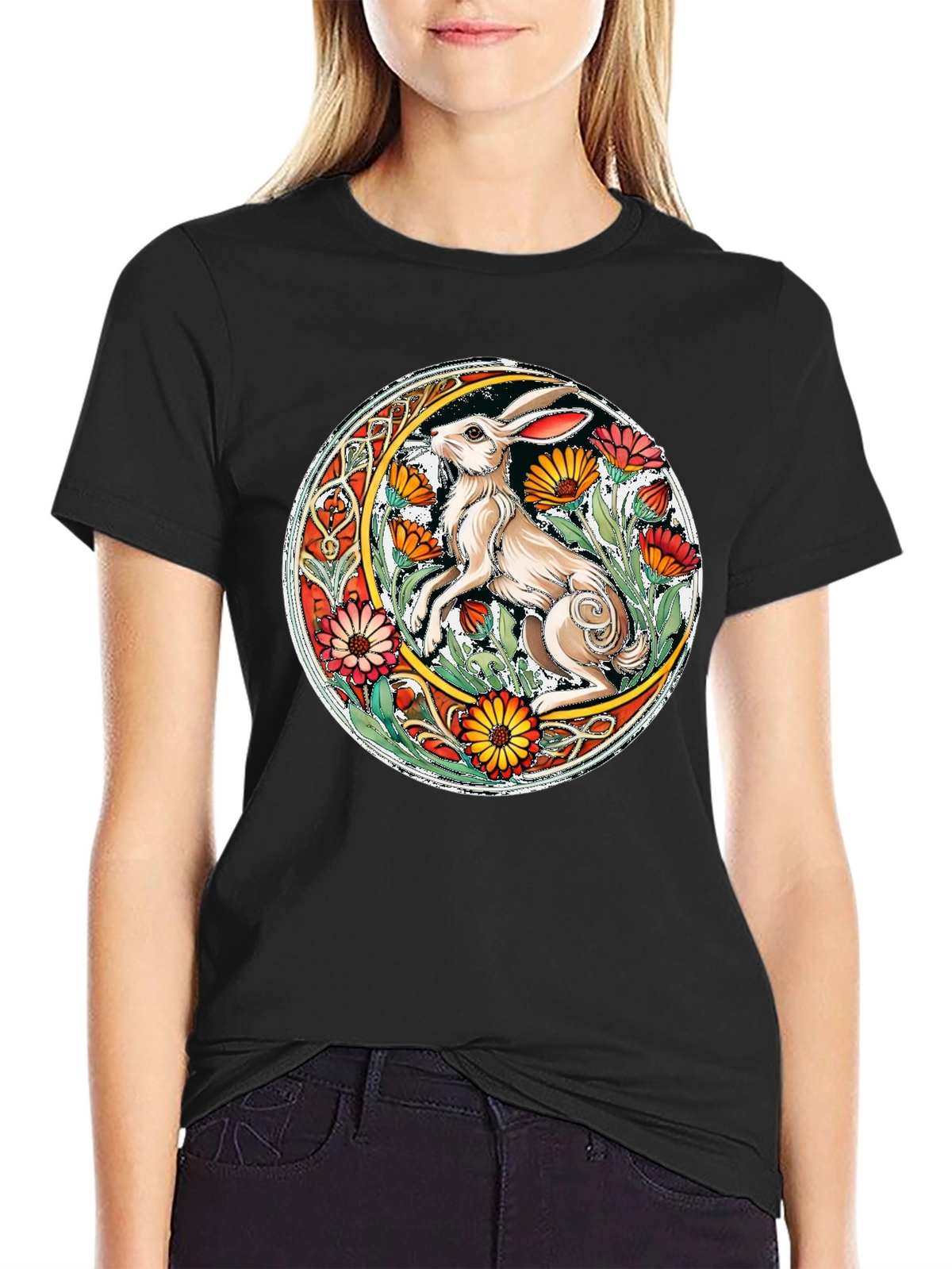 Celtic Hare Flower Circle Graphic T-Shirt