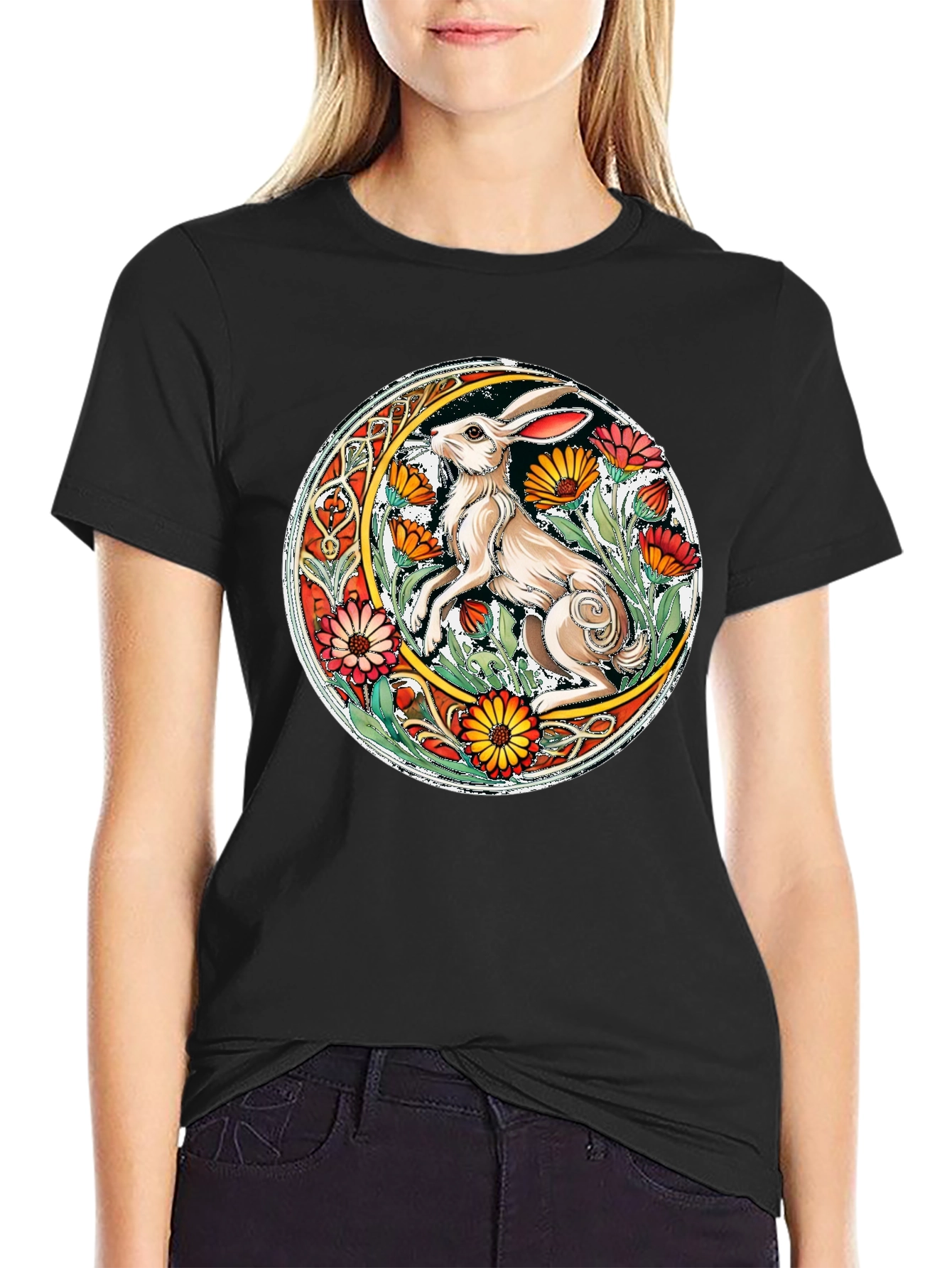 Celtic Hare Flower Circle Graphic T-Shirt