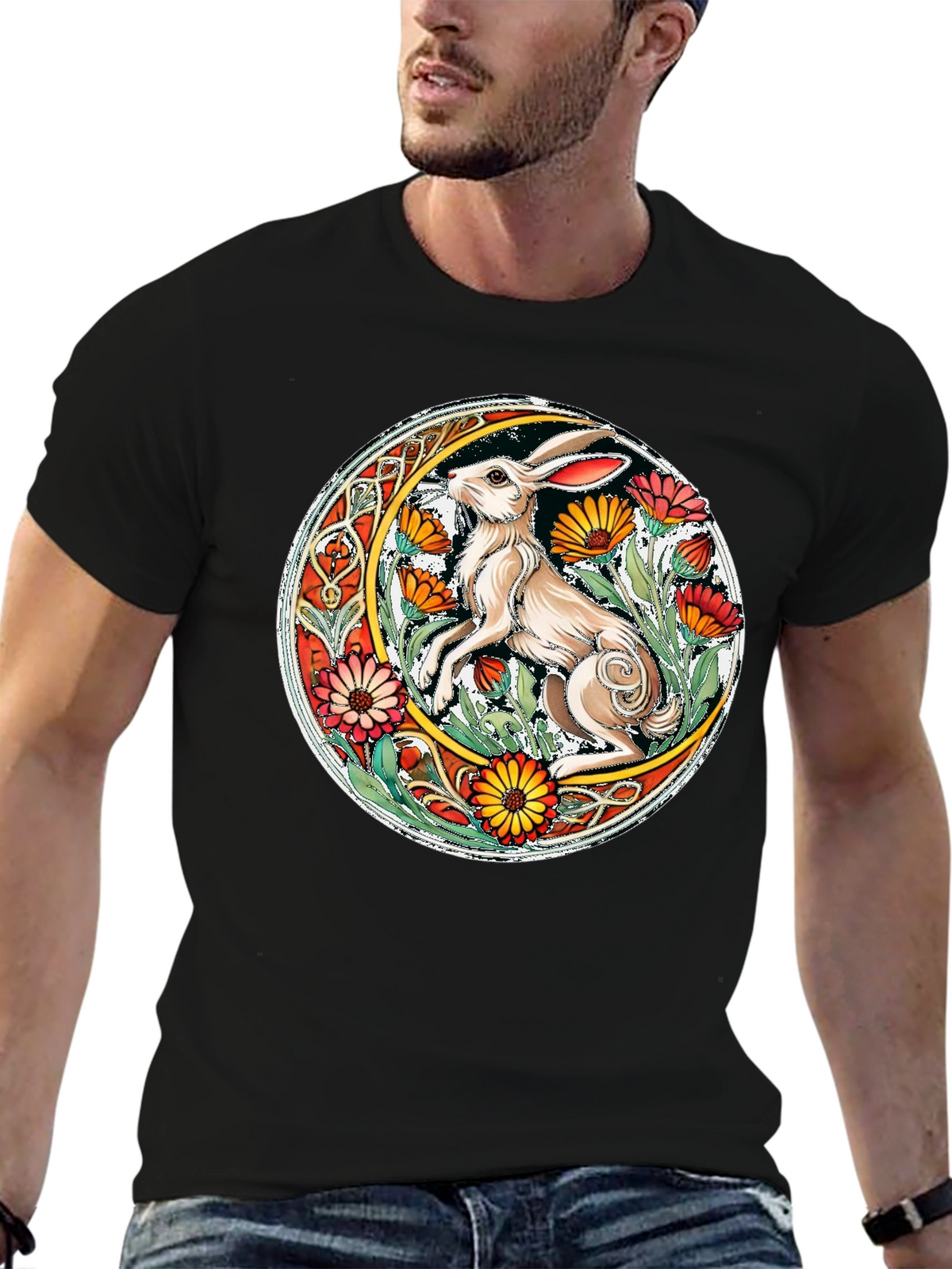 Celtic Hare Flower Circle Graphic T-Shirt