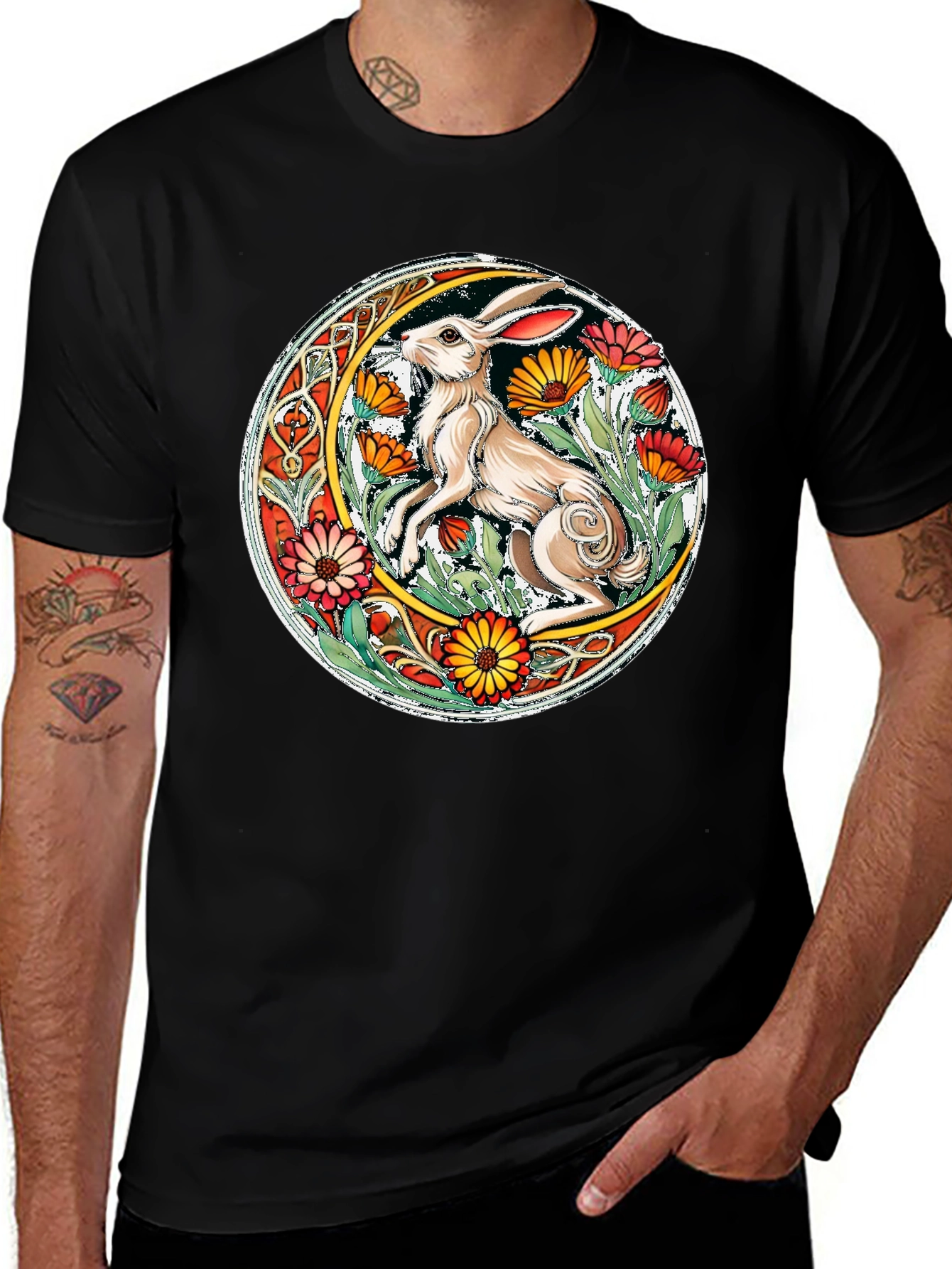 Celtic Hare Flower Circle Graphic T-Shirt