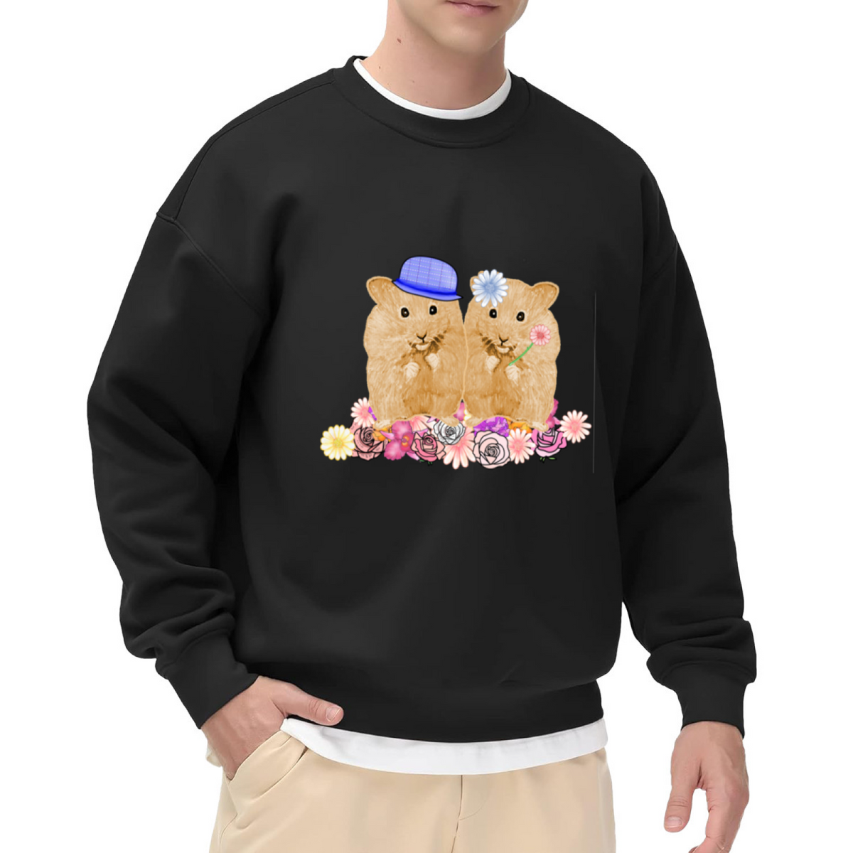 Cute Hamster Couple Floral Crewneck Sweatshirt, Kawaii Pet Illustration Pullover, Friendship Gift