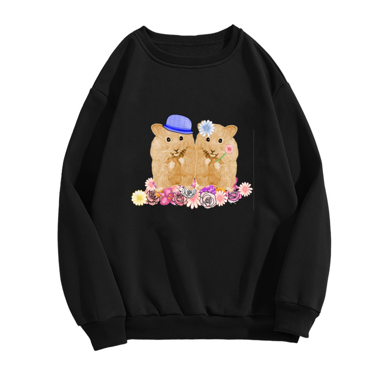 Cute Hamster Couple Floral Crewneck Sweatshirt, Kawaii Pet Illustration Pullover, Friendship Gift