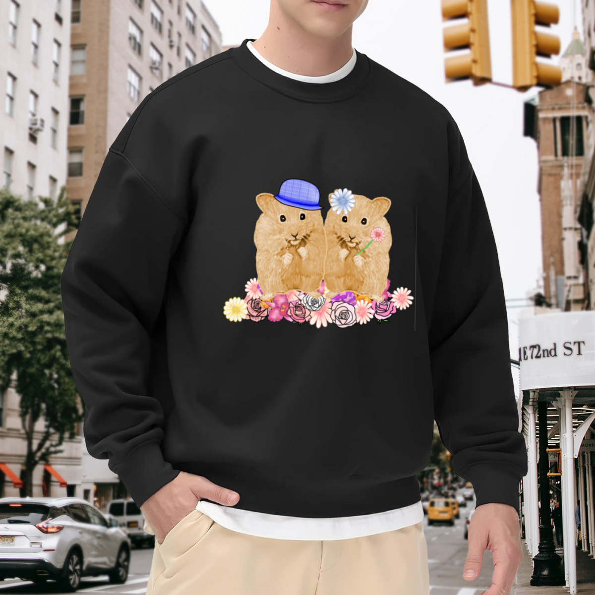 Cute Hamster Couple Floral Crewneck Sweatshirt, Kawaii Pet Illustration Pullover, Friendship Gift