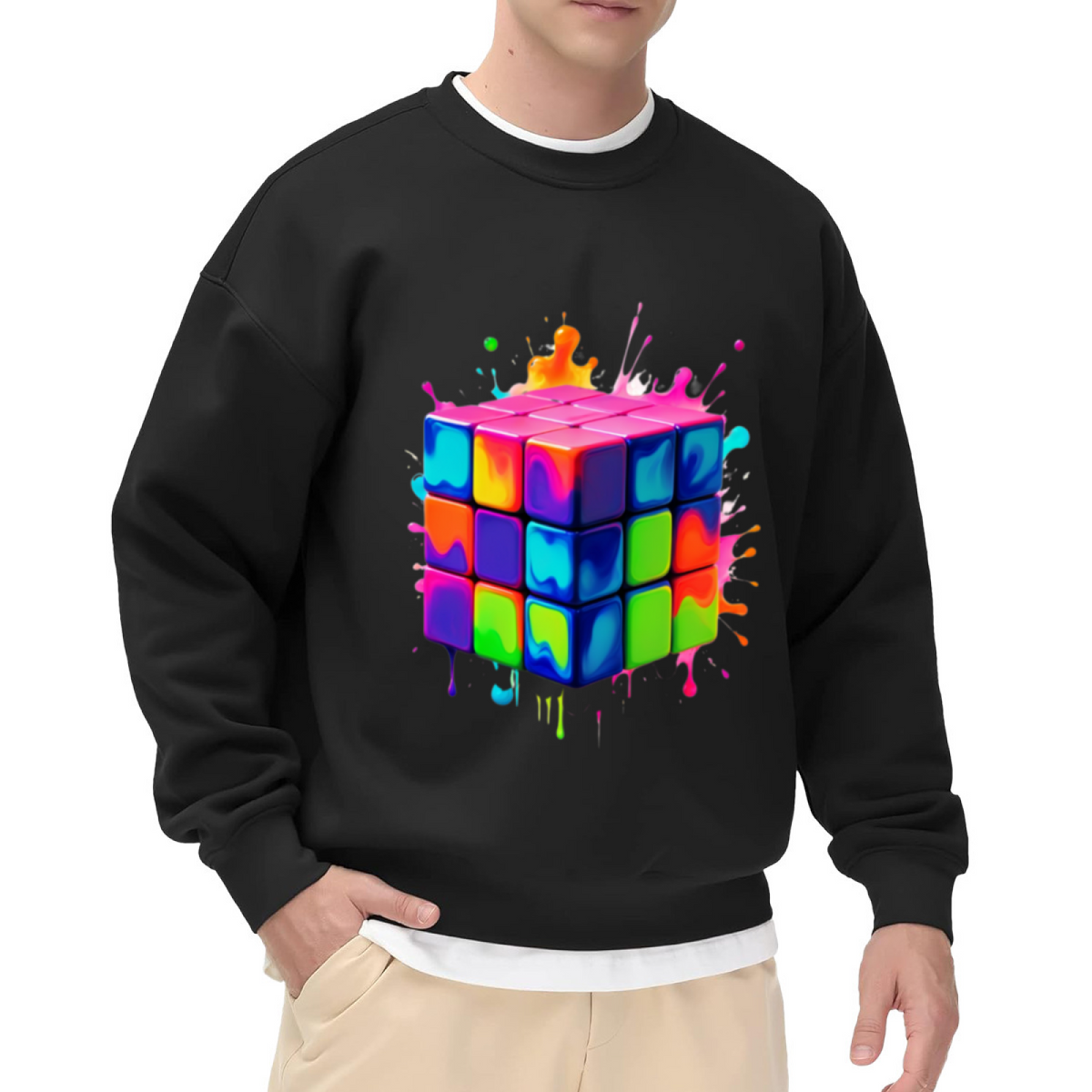 Melting Rubiks Cube Sweatshirt | Liquid Paint Splatter Graphic Crewneck, Psychedelic Puzzle Art Pullover Top, Colorful Gift for Puzzle Lovers