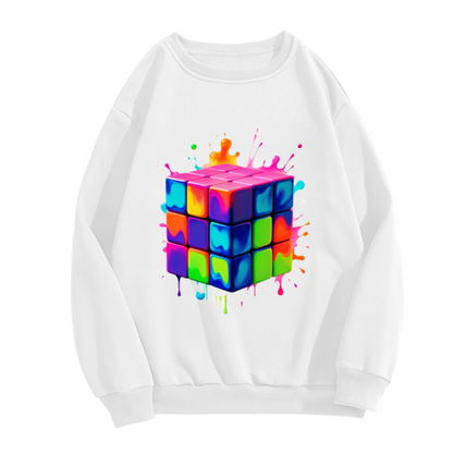 Melting Rubiks Cube Sweatshirt | Liquid Paint Splatter Graphic Crewneck, Psychedelic Puzzle Art Pullover Top, Colorful Gift for Puzzle Lovers