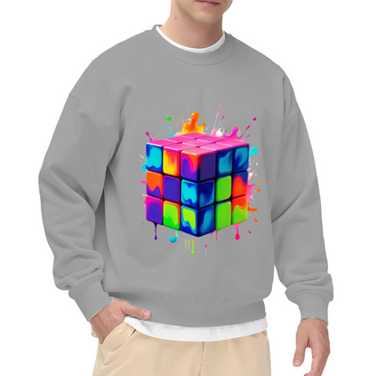 Melting Rubiks Cube Sweatshirt | Liquid Paint Splatter Graphic Crewneck, Psychedelic Puzzle Art Pullover Top, Colorful Gift for Puzzle Lovers