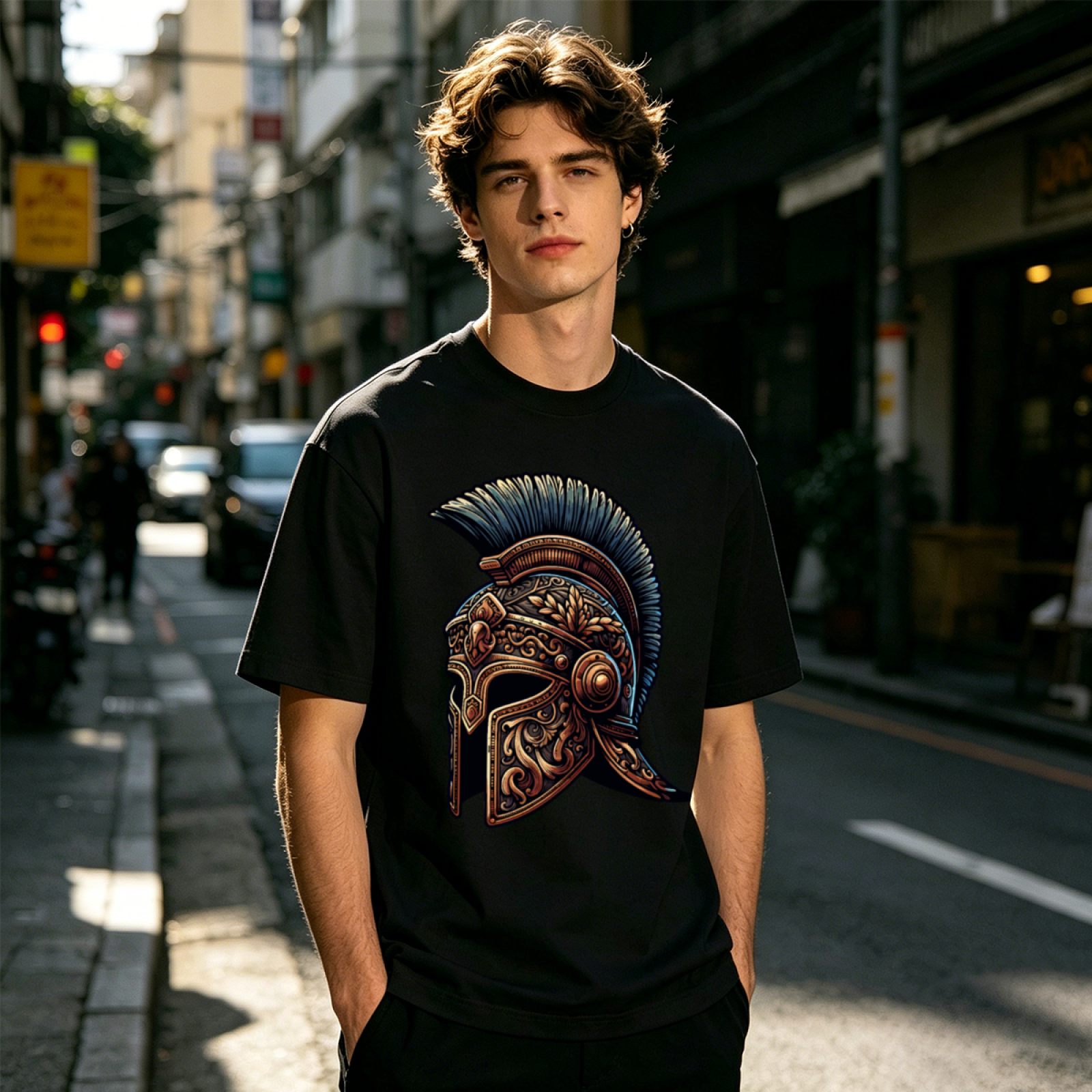 Men's Ornate Roman Spartan Warrior Helmet Retro Graphic T-Shirt