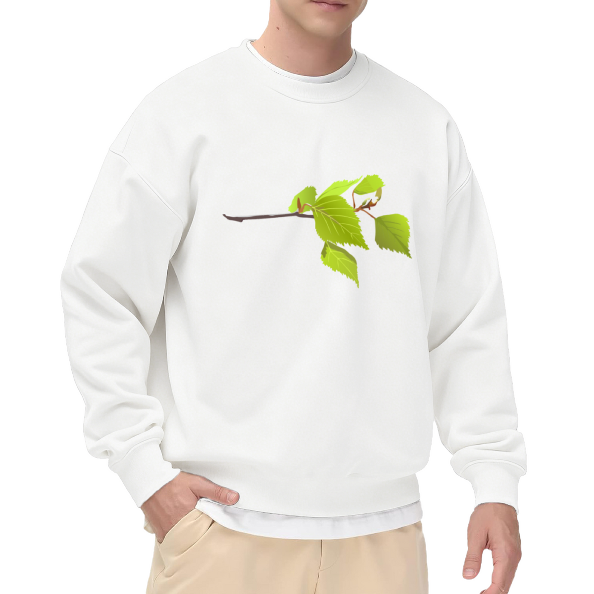 Realistic Birch Branch Botanical Crewneck Sweatshirt | Green Leaves Nature Illustration Pullover, Plant Lover Gift