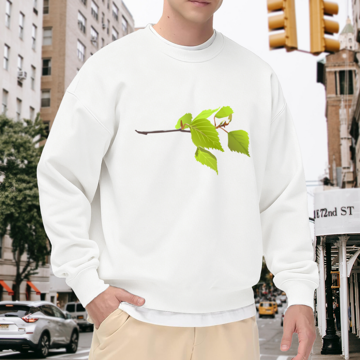 Realistic Birch Branch Botanical Crewneck Sweatshirt | Green Leaves Nature Illustration Pullover, Plant Lover Gift