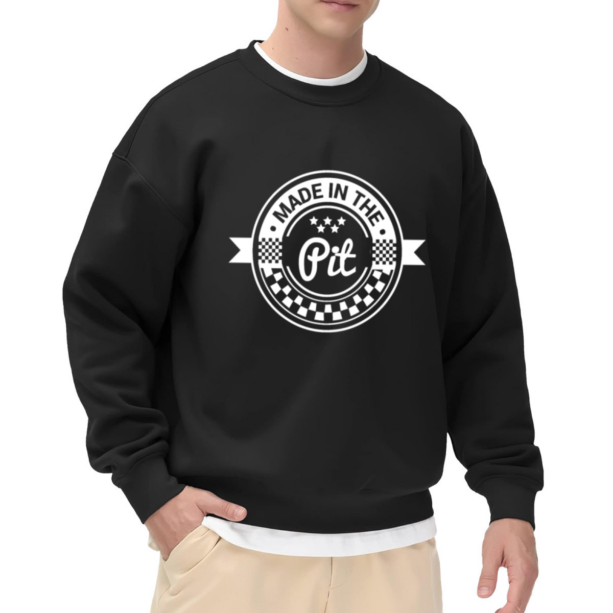 Made In The Pit Racing Badge Crewneck Sweatshirt, Checkered Flag Motorsport Pullover, Pit Crew Gift