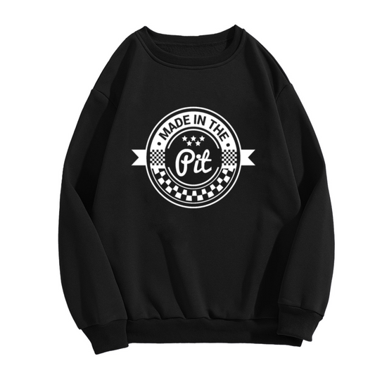 Made In The Pit Racing Badge Crewneck Sweatshirt, Checkered Flag Motorsport Pullover, Pit Crew Gift