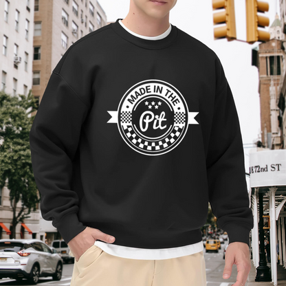 Made In The Pit Racing Badge Crewneck Sweatshirt, Checkered Flag Motorsport Pullover, Pit Crew Gift