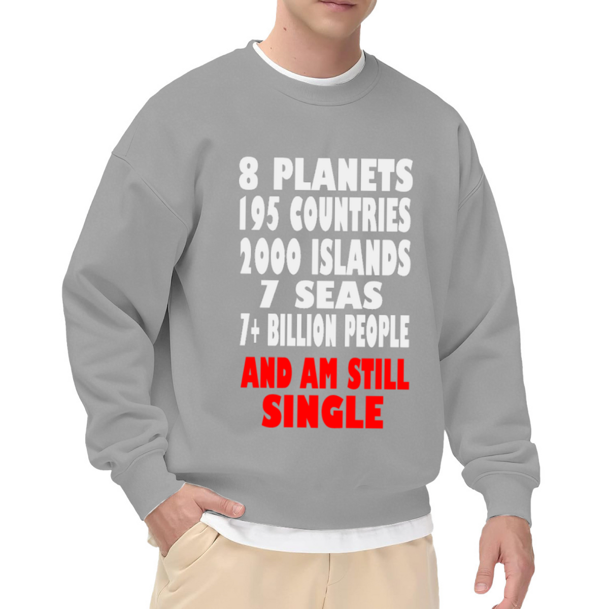 8 Planets 195 Countries 2000 Islands 7 Seas 7+ Billion People And Am Still Single Crewneck Sweatshirt | Funny Sarcastic Quote Pullover, Single Life Typographic Streetwear Top, Anti Valentine's Day Gift