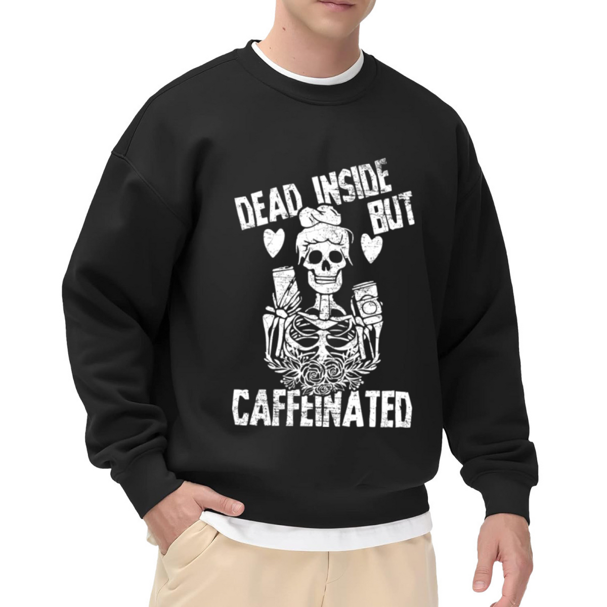 Dead Inside But Caffeinated Skeleton Coffee Crewneck Sweatshirt | Grunge Dark Humor Pullover, Coffee Lover Gift