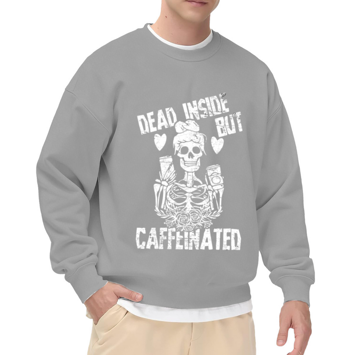 Dead Inside But Caffeinated Skeleton Coffee Crewneck Sweatshirt | Grunge Dark Humor Pullover, Coffee Lover Gift