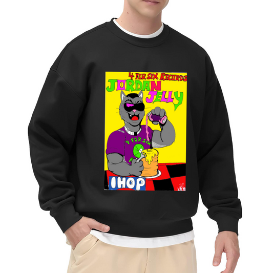 Cartoon Cat Pancakes Jelly Sweatshirt | Funny Diner Breakfast Graphic Crewneck, Retro Cat Pullover Top, Cat Lover Gift for Women Men