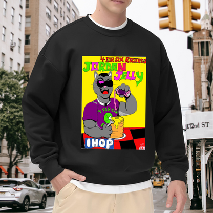 Cartoon Cat Pancakes Jelly Sweatshirt | Funny Diner Breakfast Graphic Crewneck, Retro Cat Pullover Top, Cat Lover Gift for Women Men