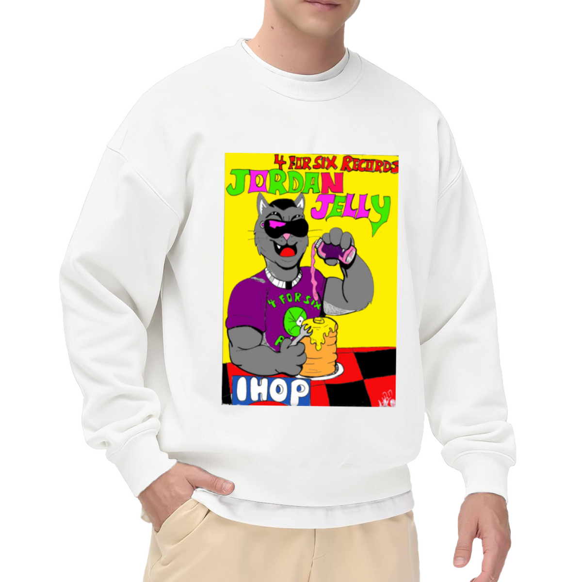 Cartoon Cat Pancakes Jelly Sweatshirt | Funny Diner Breakfast Graphic Crewneck, Retro Cat Pullover Top, Cat Lover Gift for Women Men