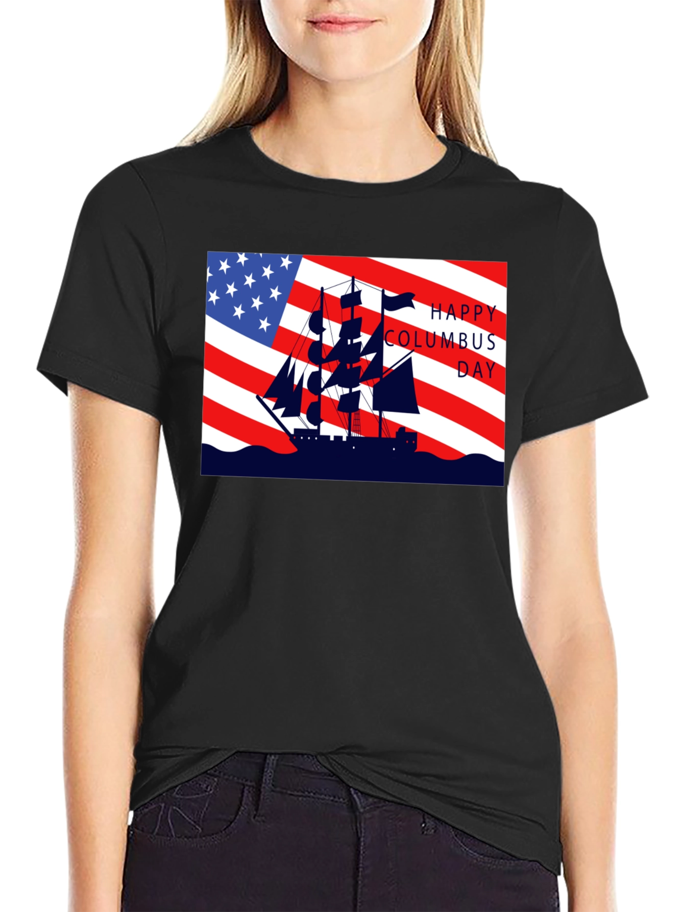 Columbus Day T-Shirt American Flag Sailing Ship Tee