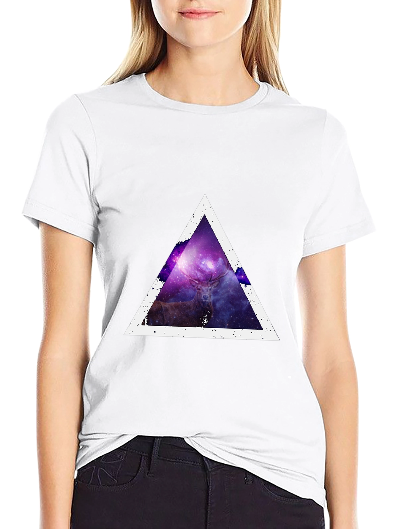 Cosmic Deer Triangle Tee - Modern Graphic Print T-Shirt