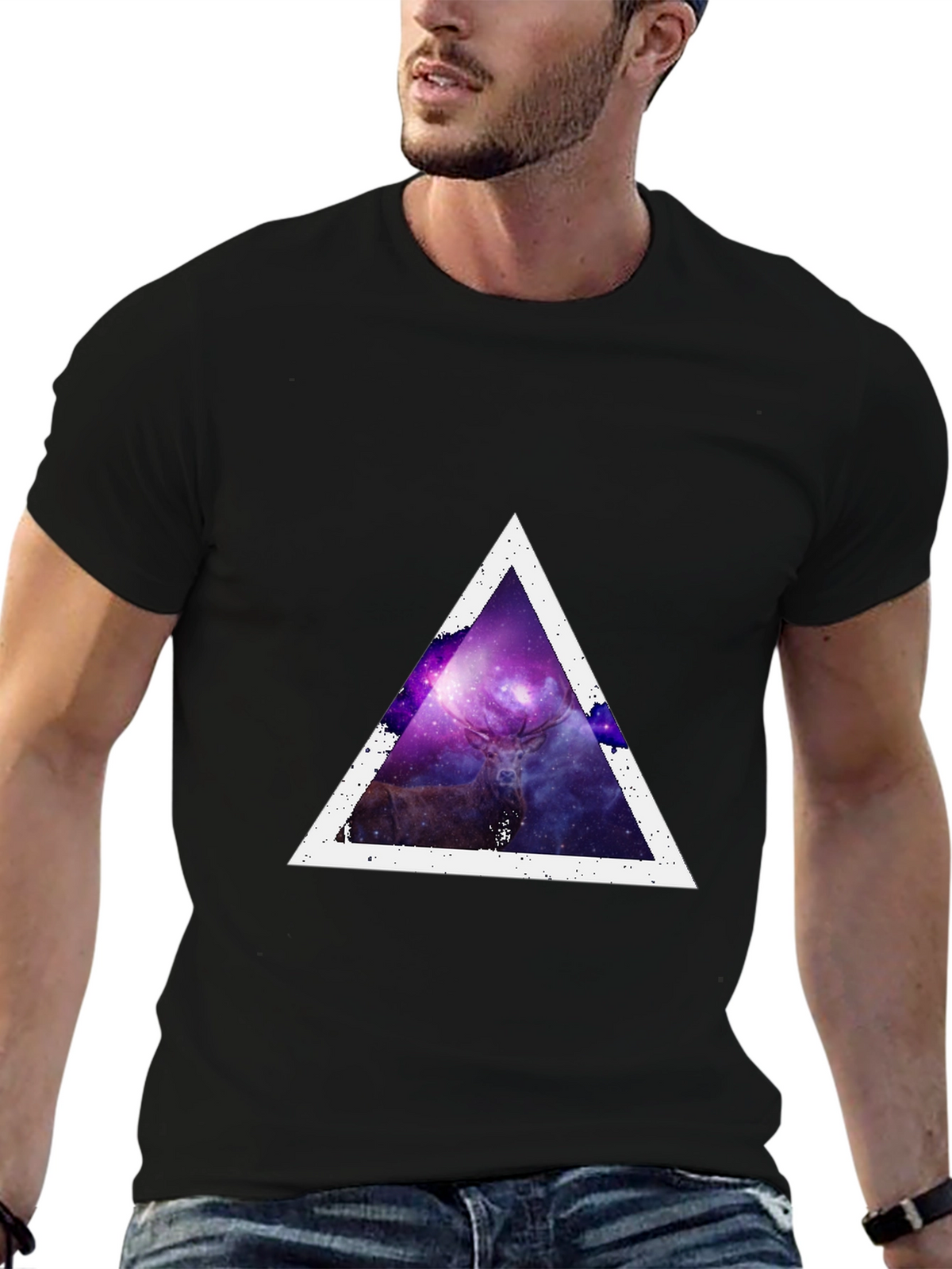 Cosmic Deer Triangle Tee - Modern Graphic Print T-Shirt
