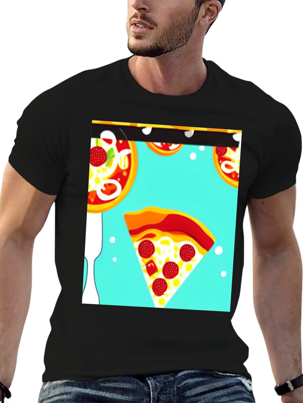 Pizza Pattern Black T-Shirt