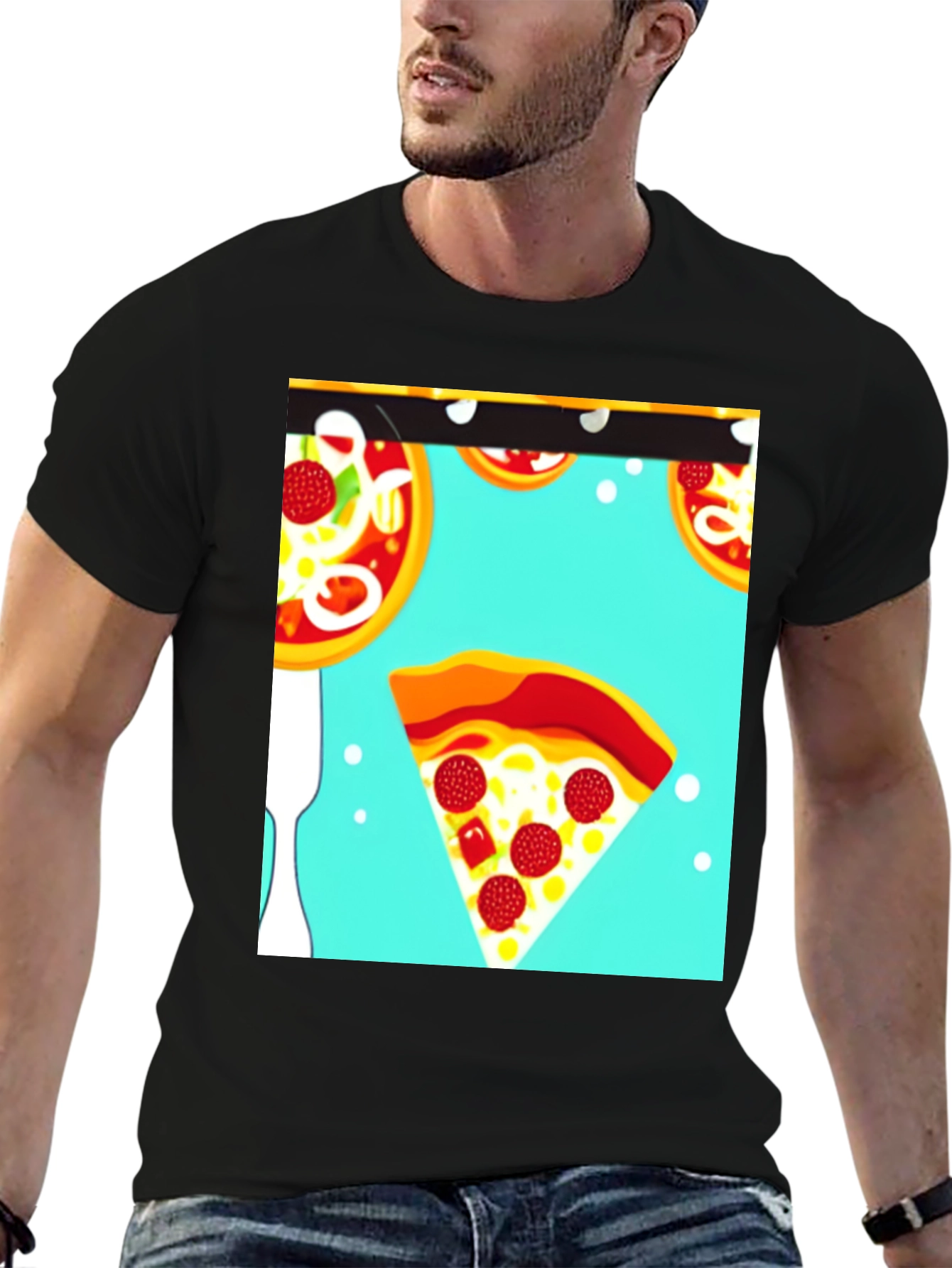 Pizza Pattern Black T-Shirt