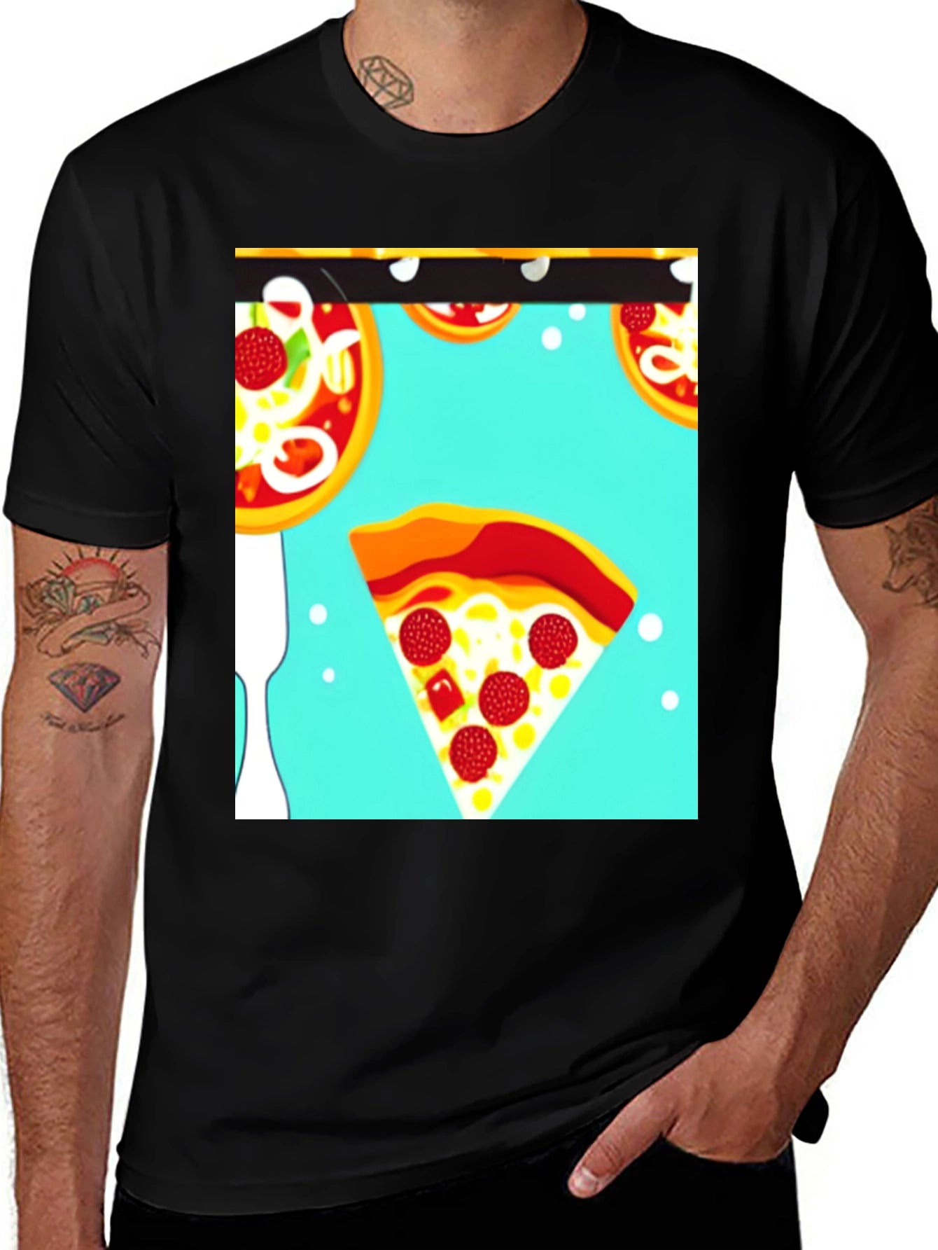 Pizza Pattern Black T-Shirt