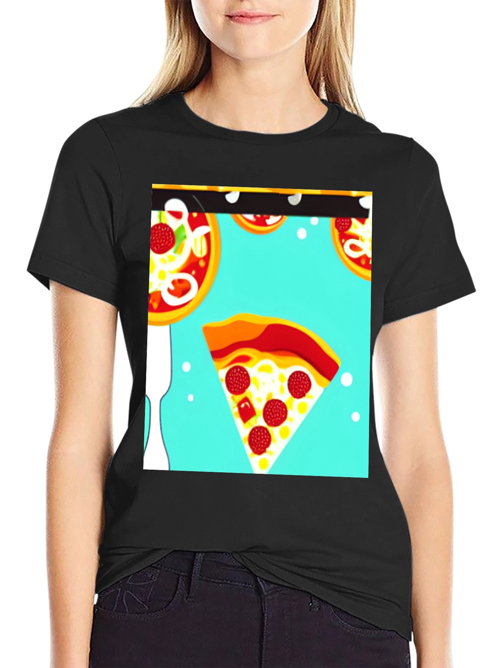 Pizza Pattern Black T-Shirt