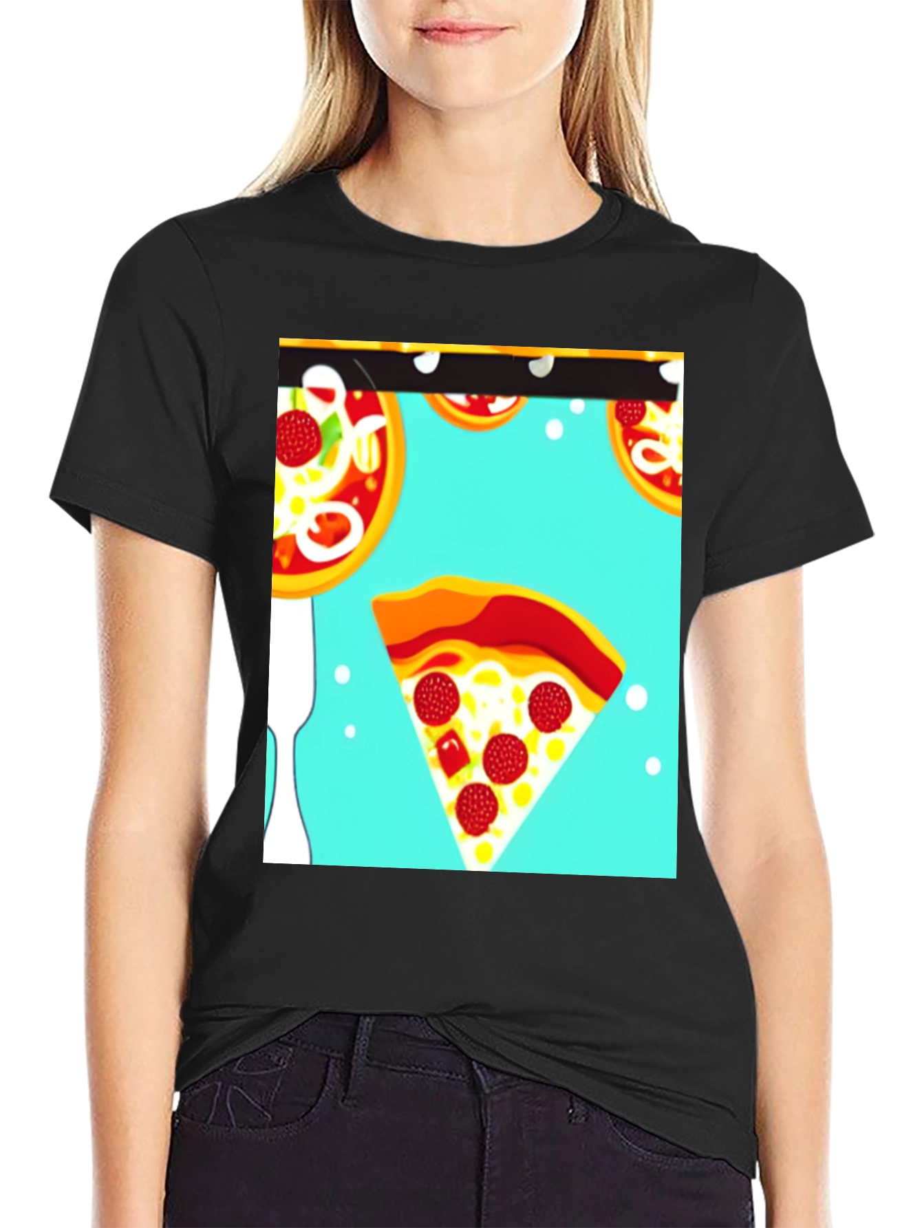 Pizza Pattern Black T-Shirt