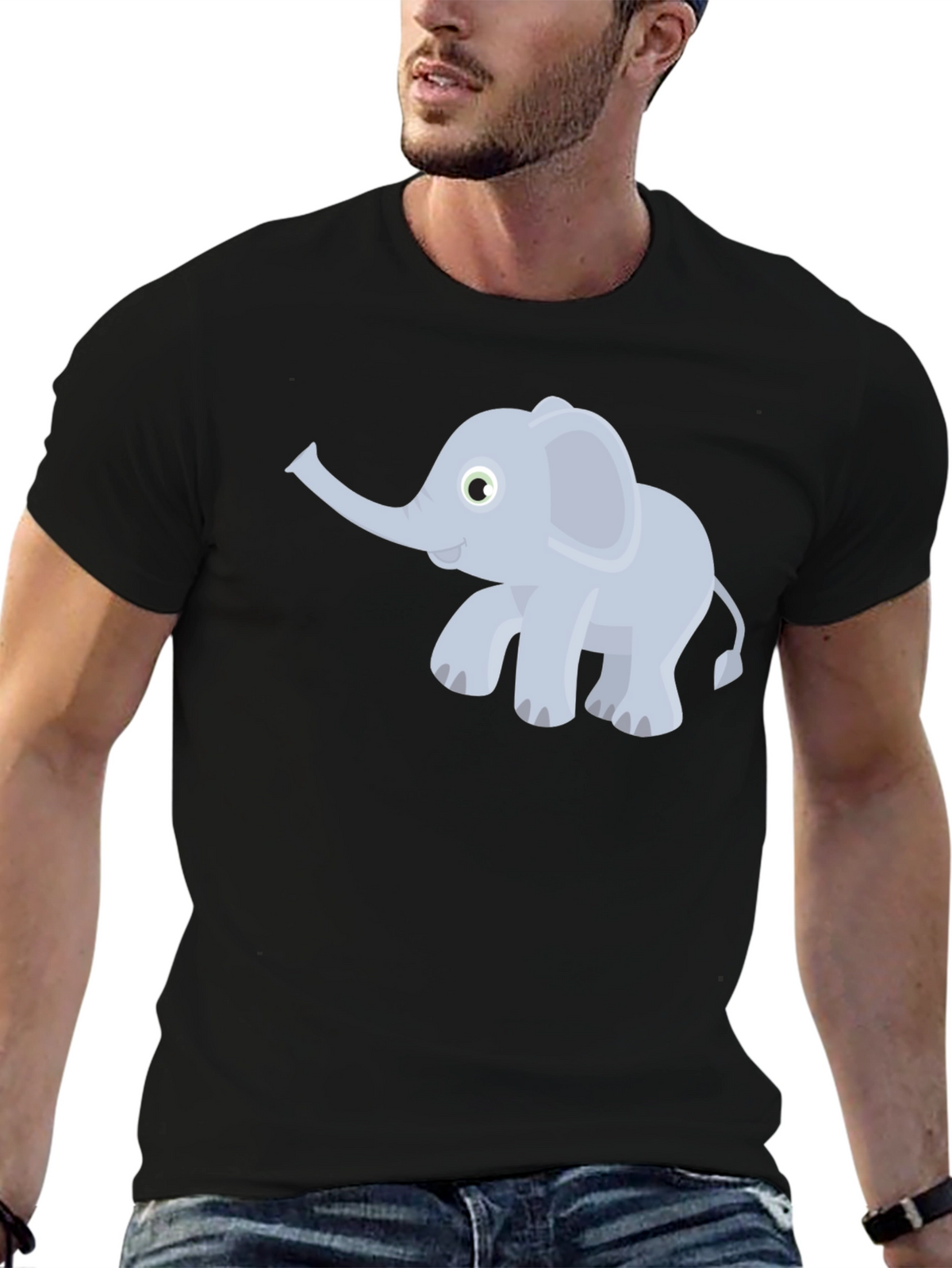Elephant Cartoon Graphic Tee - Black