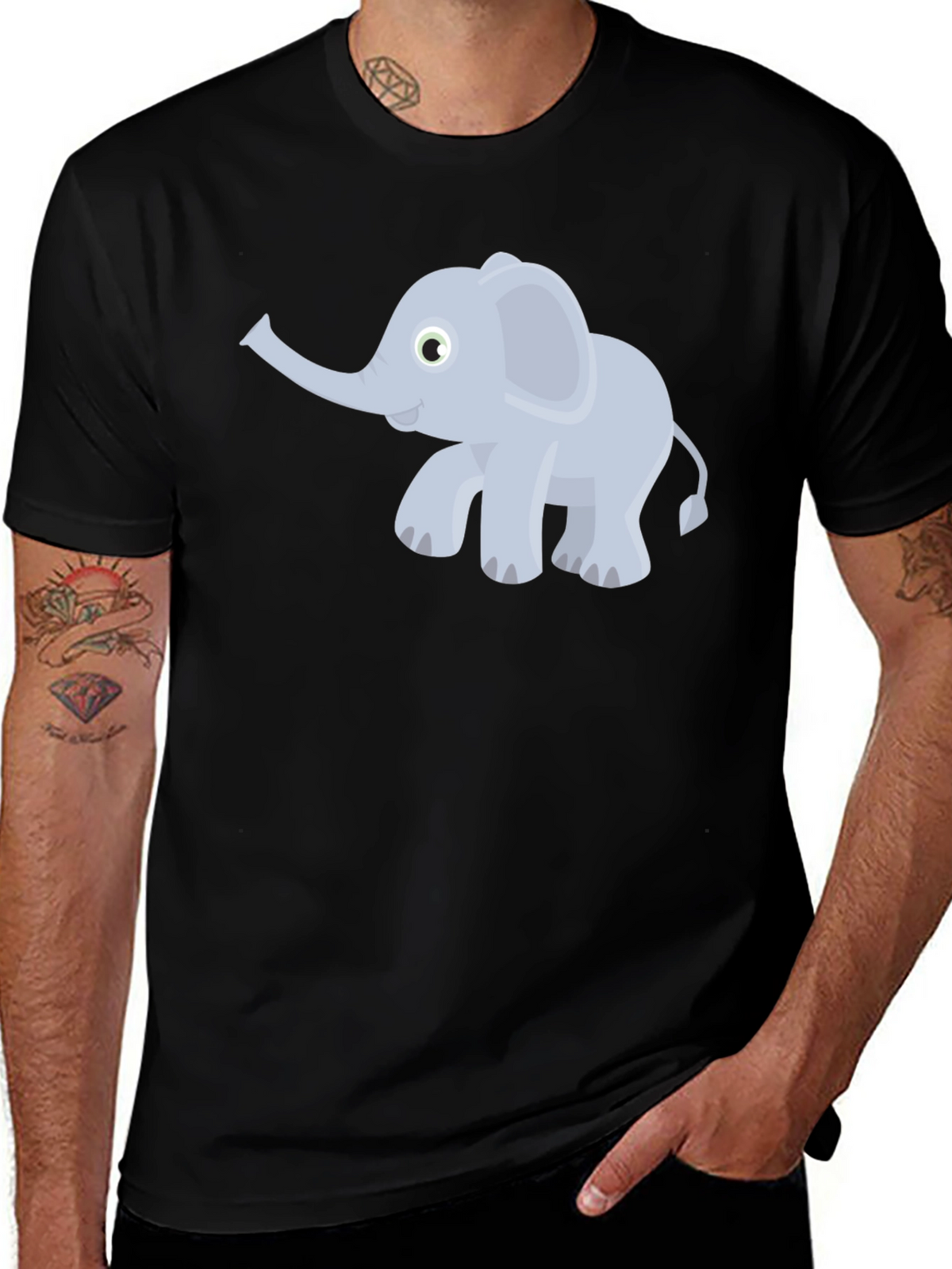 Elephant Cartoon Graphic Tee - Black