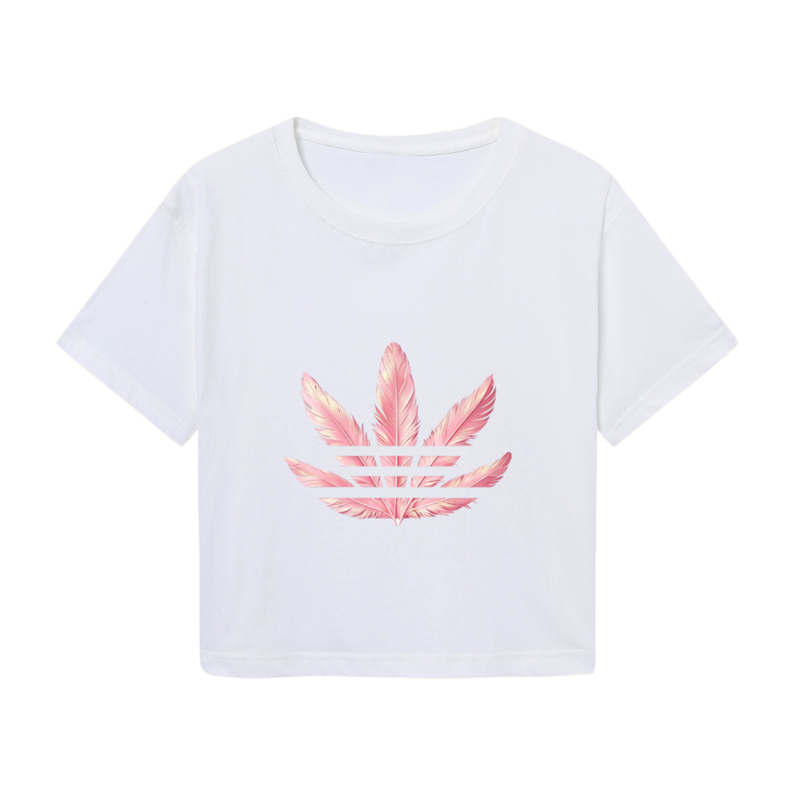 Pink Feather Three-Leaf Logo White Crop Top ¨C Soft Girly Sporty Minimal Short T-Shirt