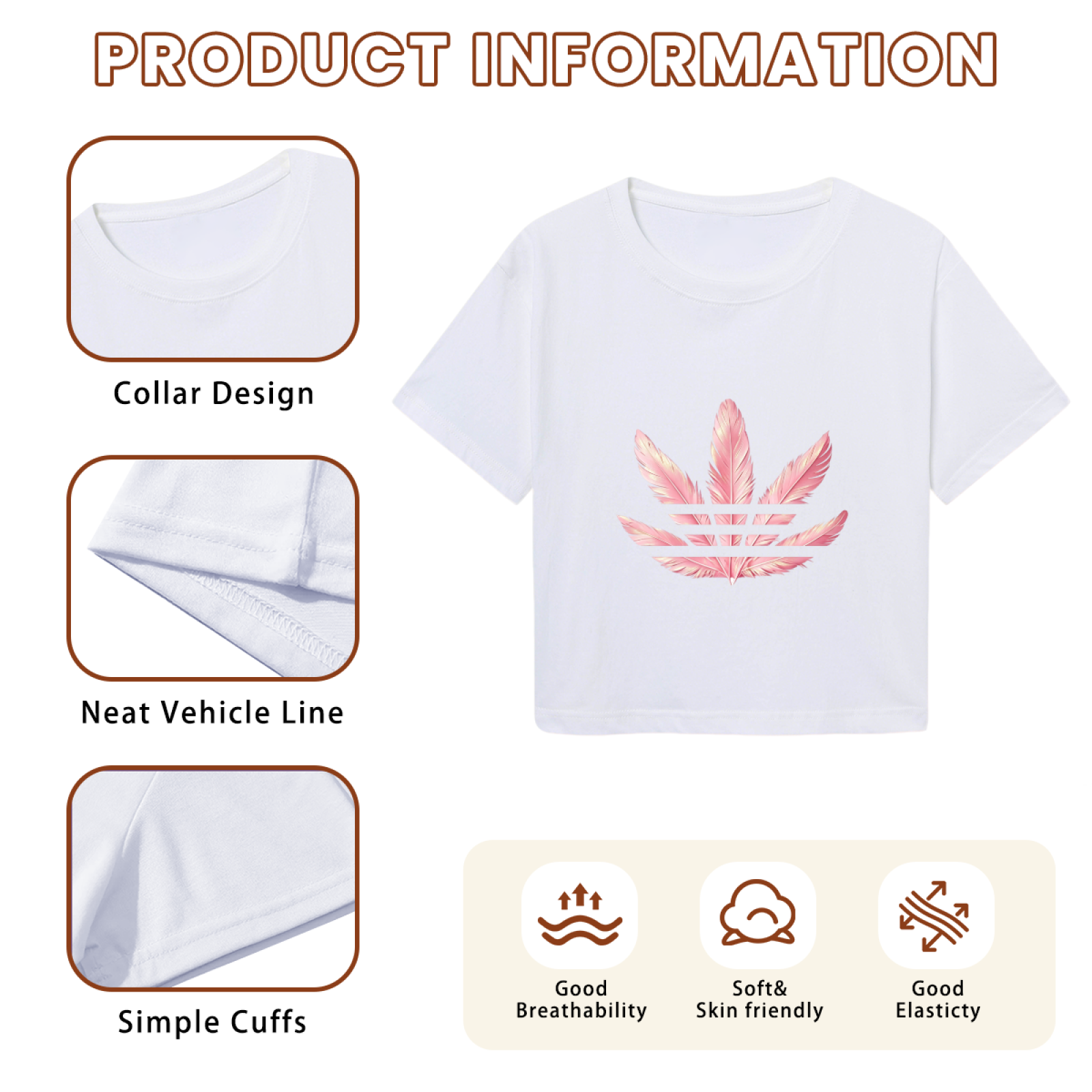 Pink Feather Three-Leaf Logo White Crop Top ¨C Soft Girly Sporty Minimal Short T-Shirt