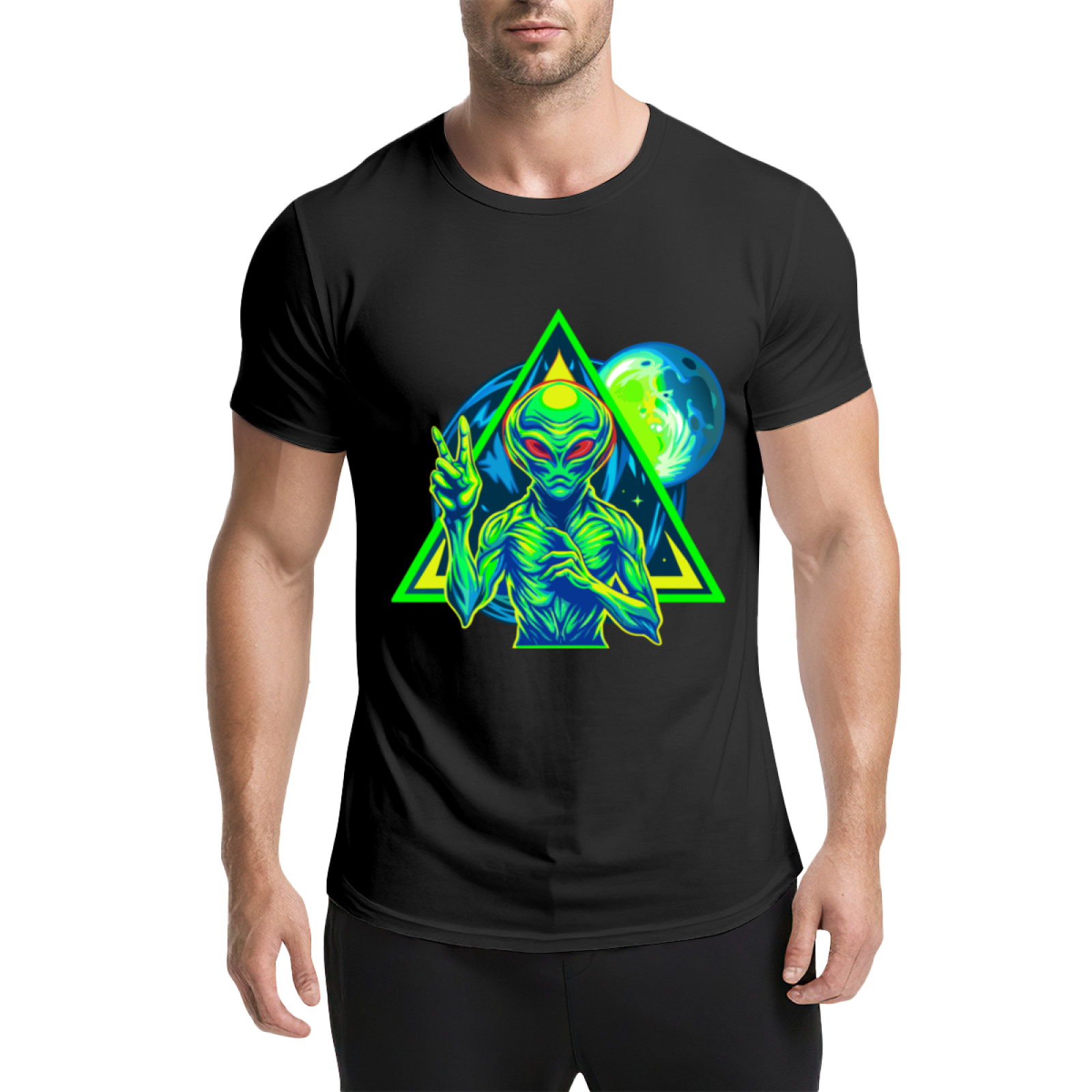 Neon Triangle UFO Alien Black Tee, Cyberpunk Sci-Fi Cool Street Graphic Shirt