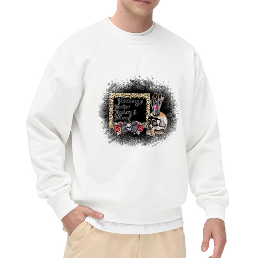 Monday's Murder Mystery And Makeup Sweatshirt | Gothic Skull Makeup Brushes Graphic Crewneck, Vintage Spooky Pullover Top, True Crime Fan Gift