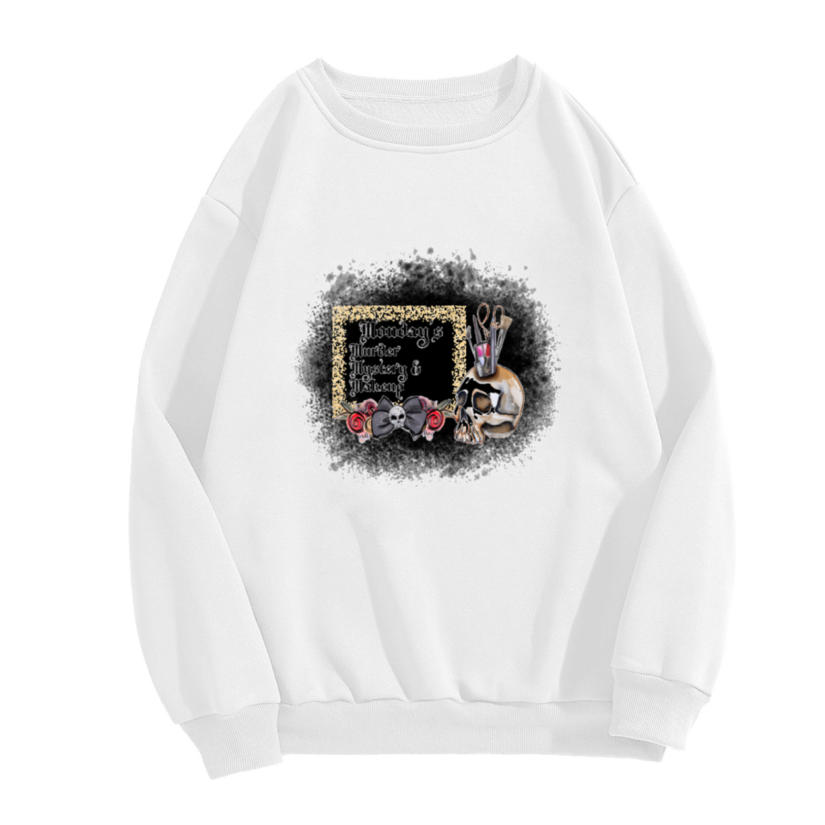 Monday's Murder Mystery And Makeup Sweatshirt | Gothic Skull Makeup Brushes Graphic Crewneck, Vintage Spooky Pullover Top, True Crime Fan Gift