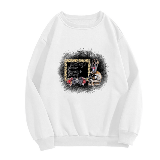 Monday's Murder Mystery And Makeup Sweatshirt | Gothic Skull Makeup Brushes Graphic Crewneck, Vintage Spooky Pullover Top, True Crime Fan Gift