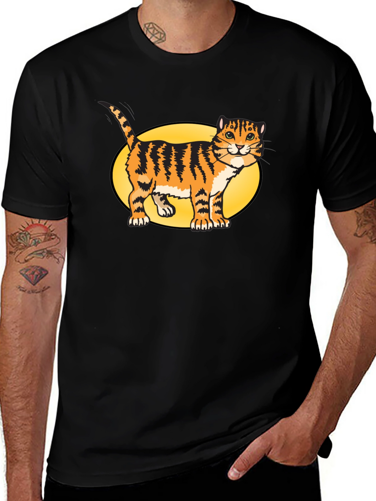 Black T-Shirt with Cartoon Cat Design